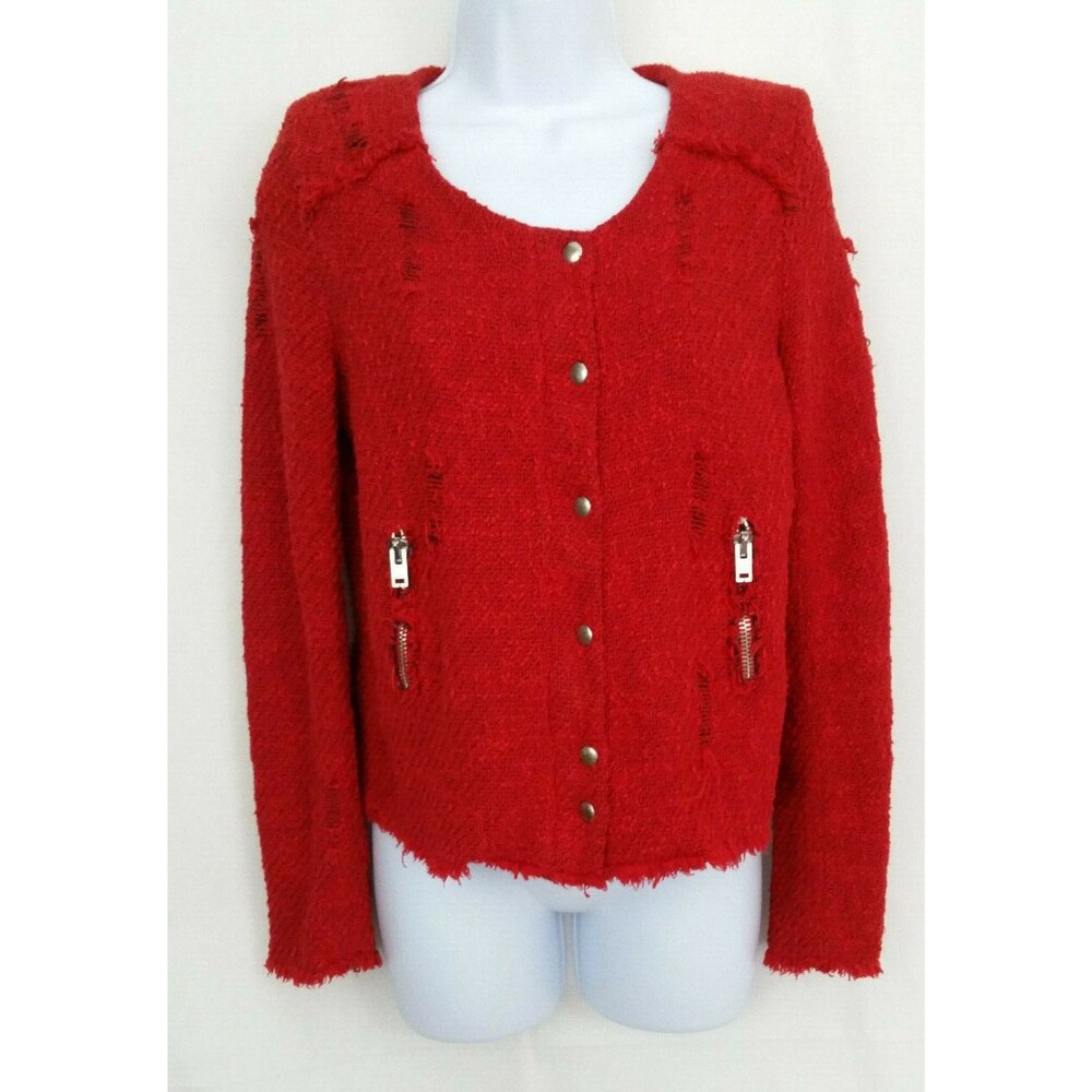 IRO Womens Jacket Sz 2 Red AGNETTE Distressed Bouclé-Tweed Preppy Money Grunge